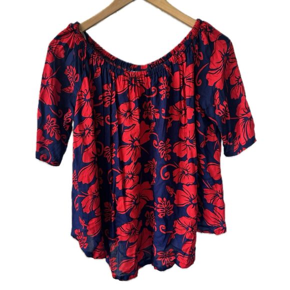 Hula Mama Maternity Hawaiian Aloha Hibiscus Tropical Floral Flowy Blouse S - Picture 1 of 6